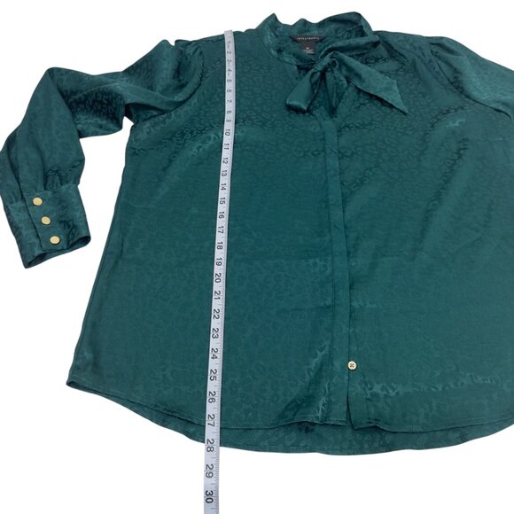 Investments Womens XL Green Leopard Print Satin Blouse Bow Tie Neck/Gold Button - Picture 5 of 12